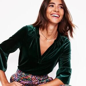 Boden Green Velvet V-Notch Neckline Bell Sleeve Blouse NWT